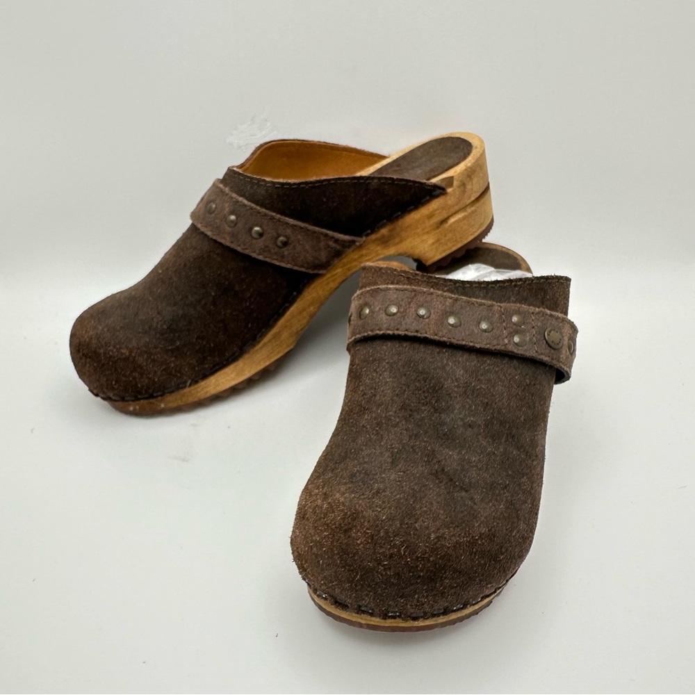 Sanita Brown Suede Oiled Leather Clogs Mules Wood Heel EU 37 US 5.5-6 Re… - Picture 3 of 14